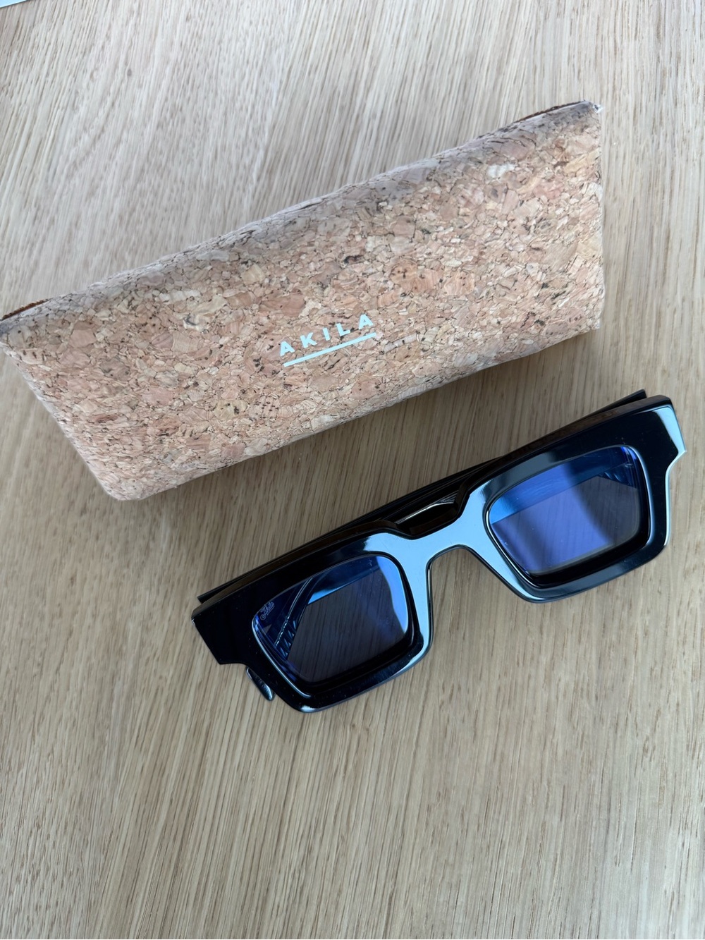 AKILA SSENSE Exclusive Square Sunglasses Black / Sky Blue New w/ Cork Case
